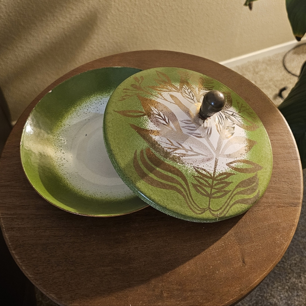 Vintage MCM Edward Winter Enamel Covered Dish Signed